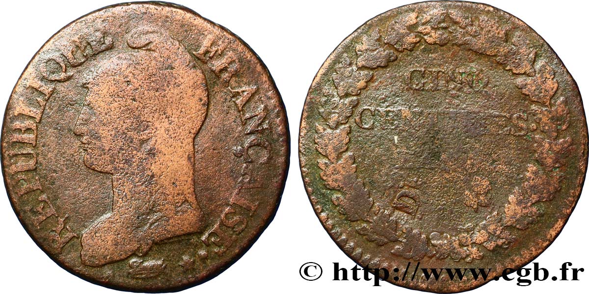Cinq centimes Dupré, grand module,  refrappage  du décime 1797 Limoges F.114/8 B10 