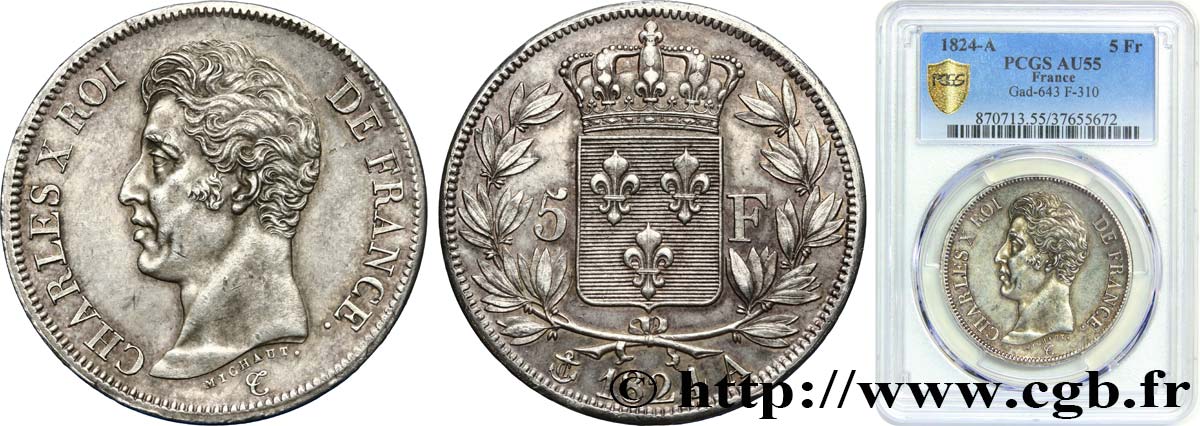 5 francs Charles X, 1er type 1824 Paris F.310/1 AU55 PCGS