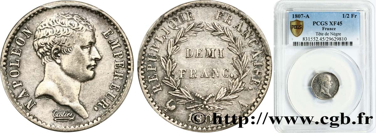 Demi-franc Napoléon Empereur, tête de nègre 1807 Paris F.176/1 XF45 PCGS