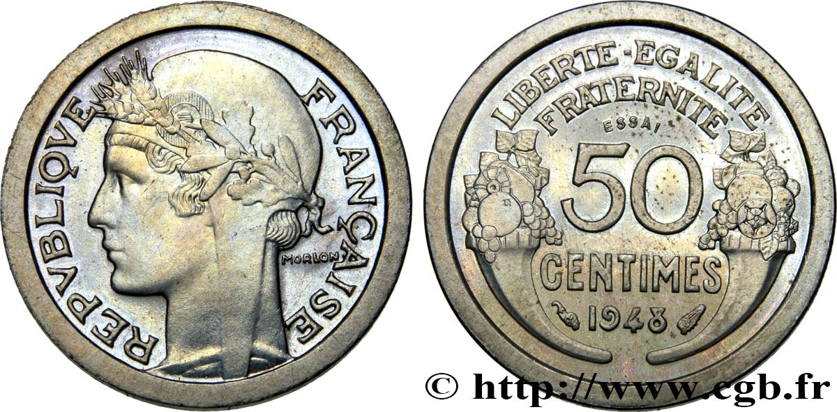 Essai léger et étroit de 50 centimes Morlon à listel large en cupro-nickel 1948 Paris GEM.88 6 MS64 
