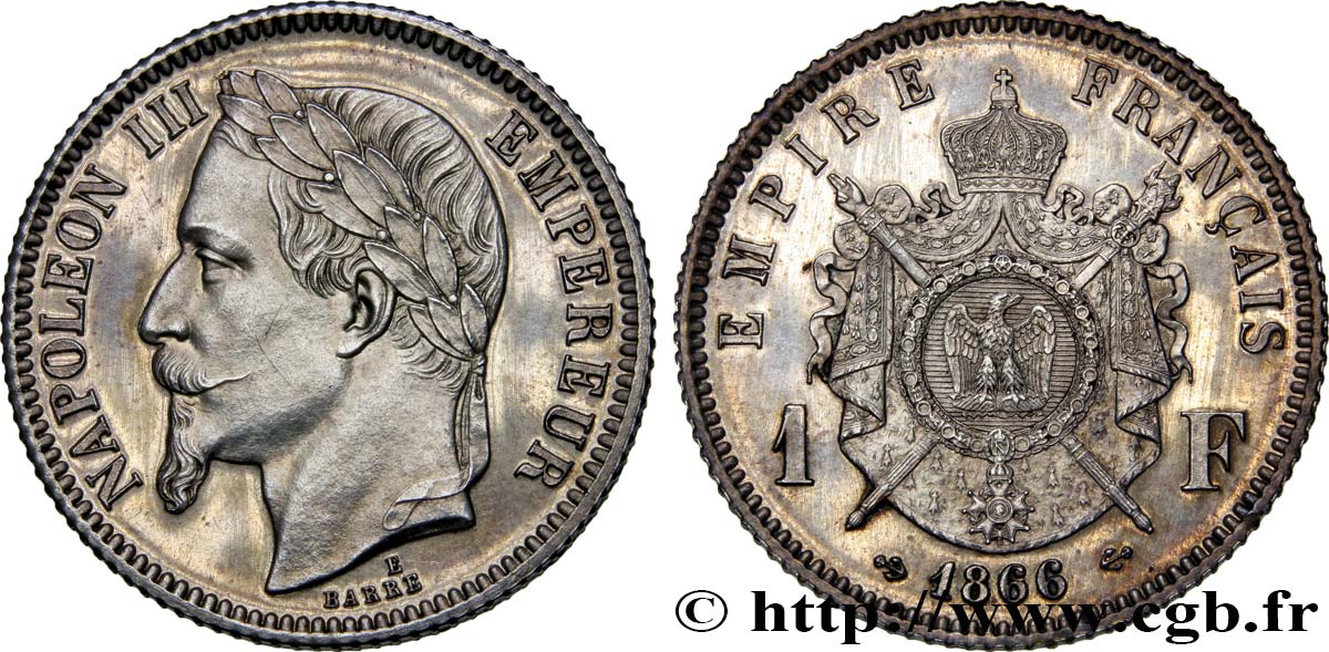 Essai de 1 franc Napoléon III, tête laurée par Barre 1866 Paris VG.3690  fST64 