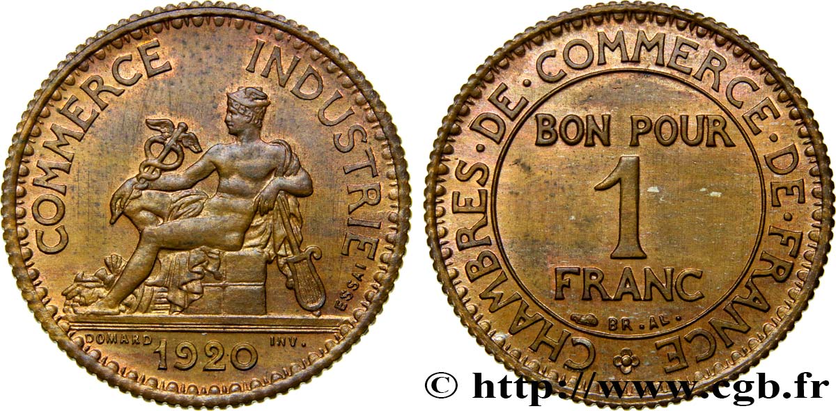 Essai de 1 franc Chambres de Commerce en cuivre 1920 Paris GEM.95 10 MS63 