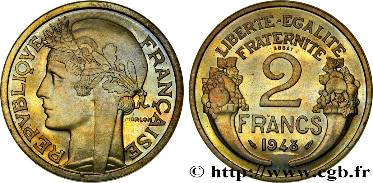 Essai de 2 francs Morlon, cupro-nickel, 9,5 g 1948 Paris GEM.118 2 MS65 