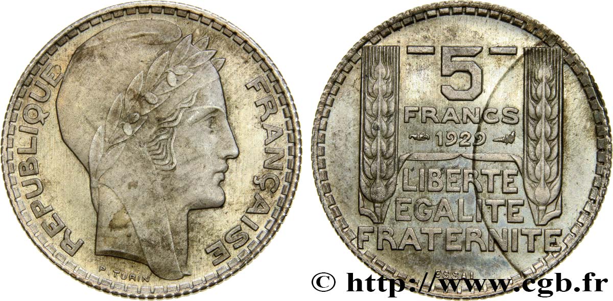 Essai de 5 Francs Turin en argent 1929 Paris GEM.140 1 SUP58 