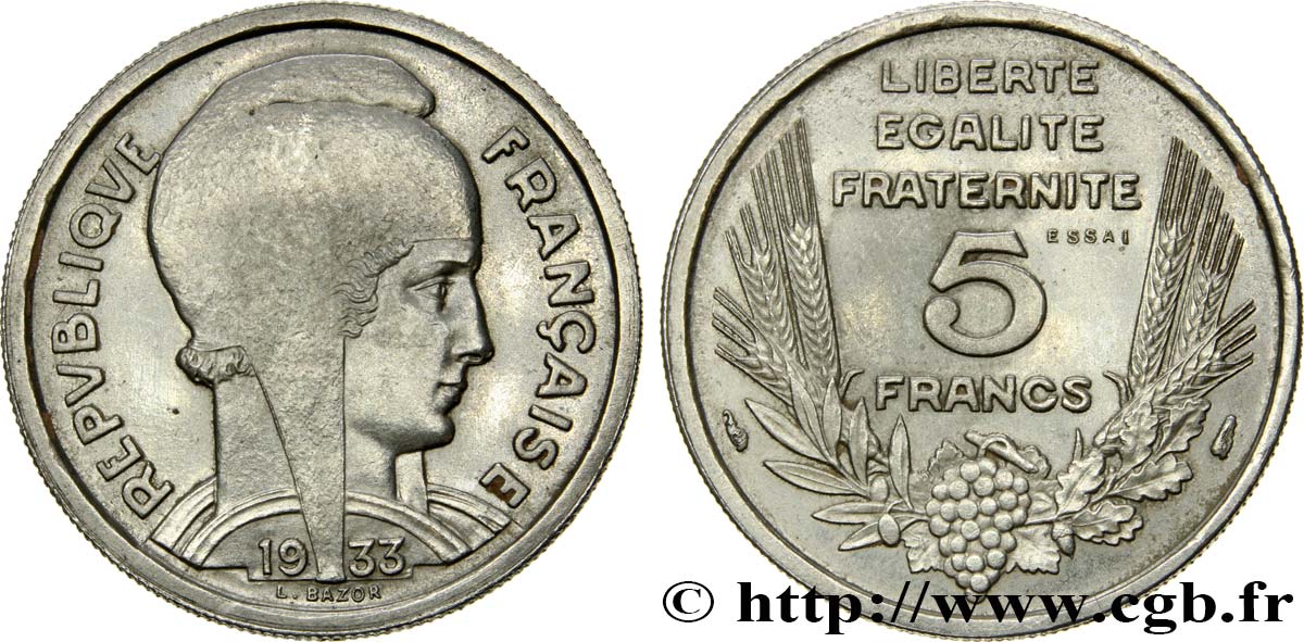 Essai en nickel de 5 Francs Bazor, tranche striée et rainurée 1933  GEM.134 6 VZ62 