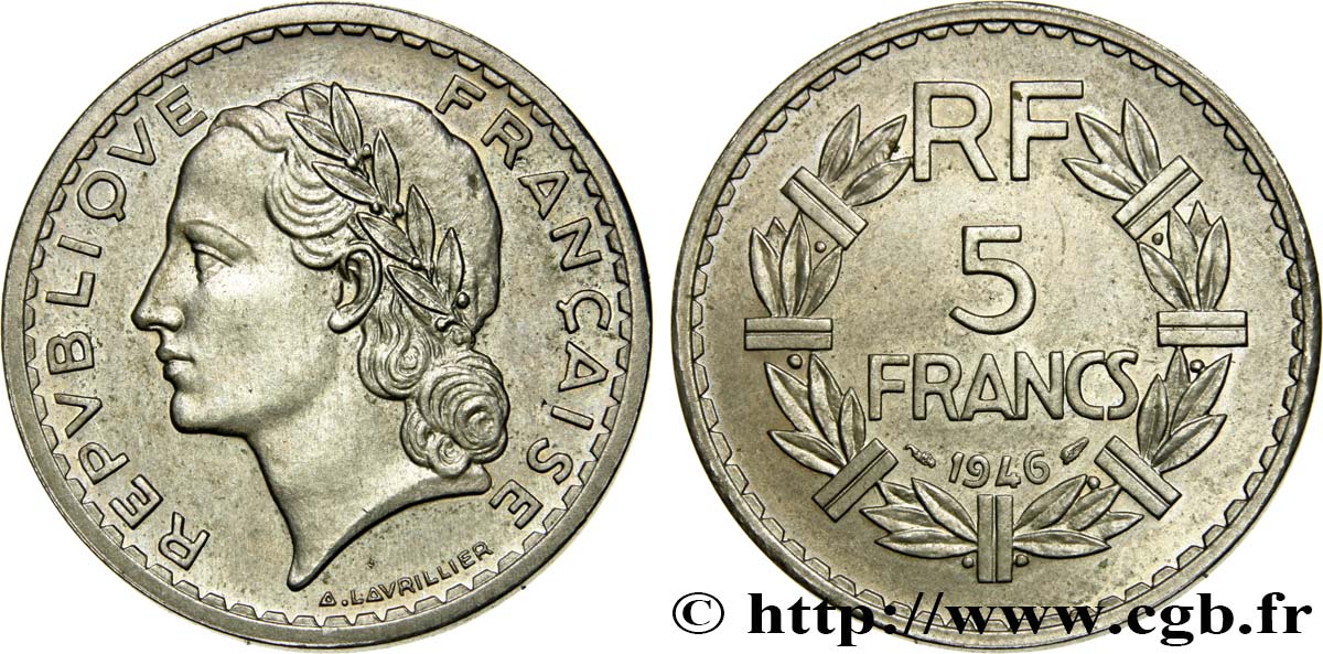 Épreuve de 5 francs Lavrillier en cupro-nickel 1946 Paris GEM.145 3 VZ62 