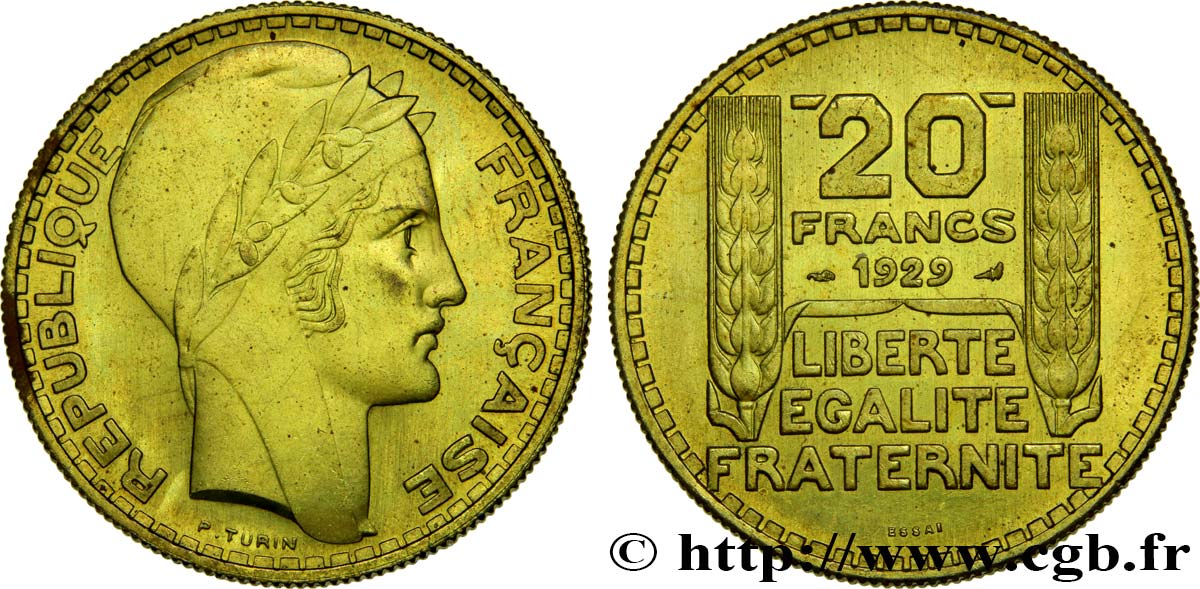 Essai de 20 francs Turin en bronze-aluminium 1929 Paris GEM.199 5 SPL62 