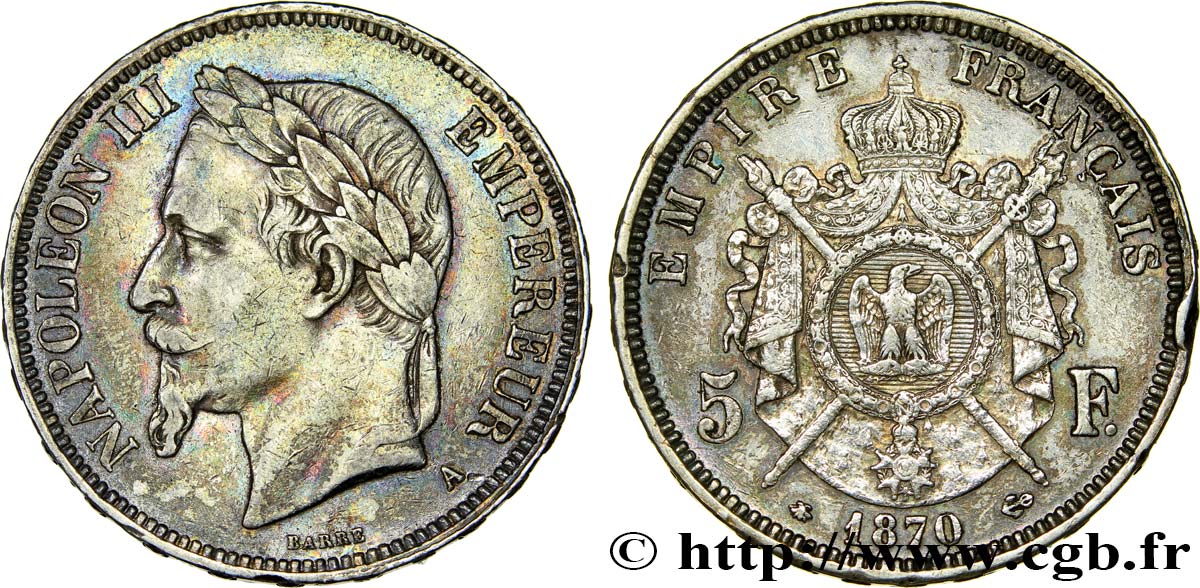 5 francs Napoléon III, tête laurée 1870 Paris F.331/16 S35 