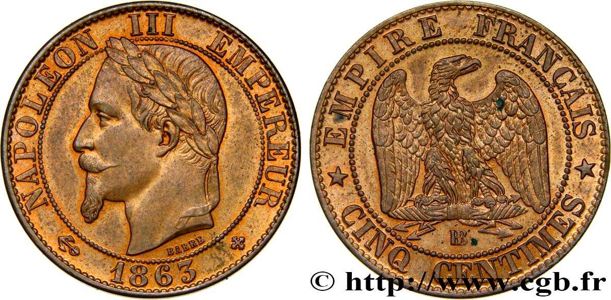 Cinq centimes Napoléon III, tête laurée 1863 Strasbourg F.117/11 SPL63 