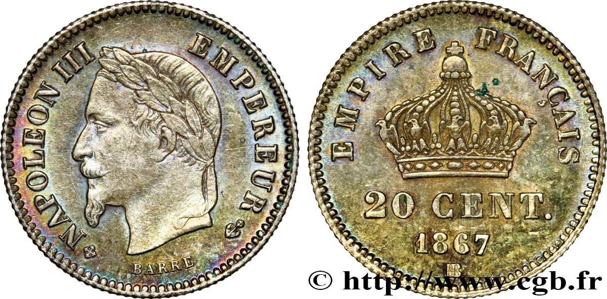 20 centimes Napoléon III, tête laurée, grand module 1867 Strasbourg F.150/2 VZ58 