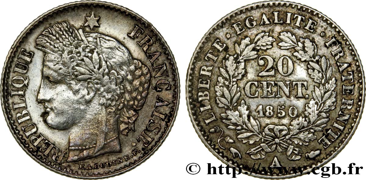 20 centimes Cérès, IIe République 1850 Paris F.146/3 XF45 