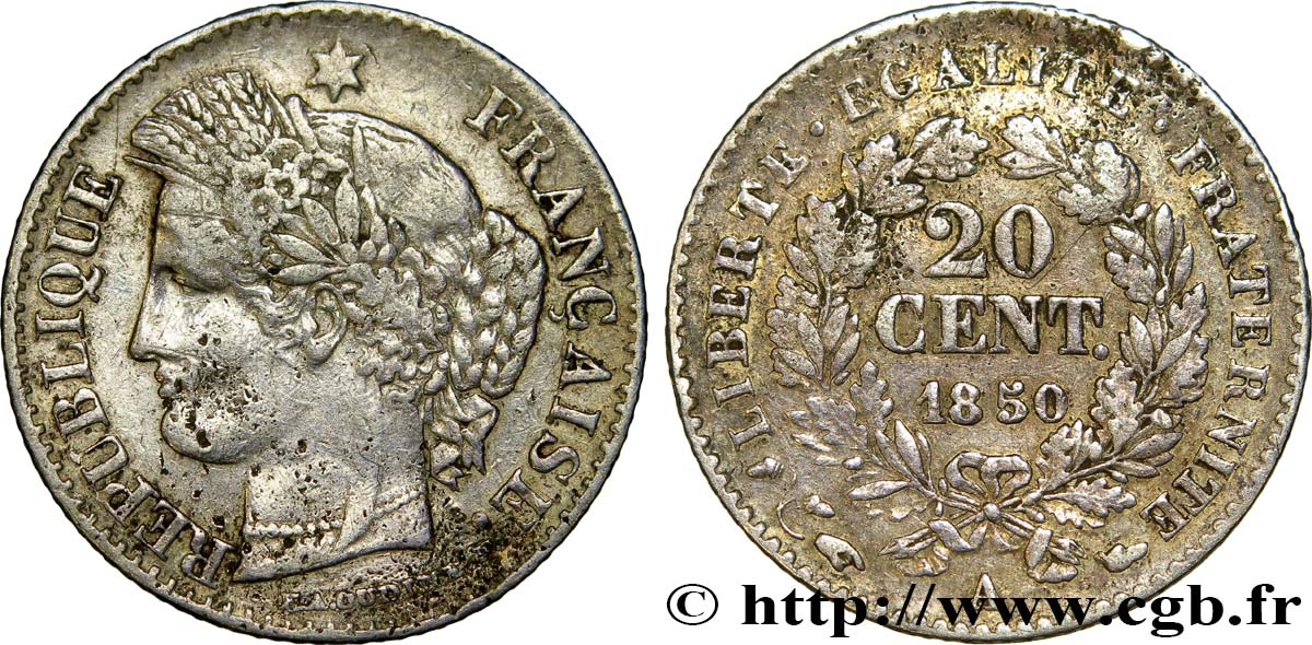 20 centimes Cérès, IIe République 1850 Paris F.146/2 MBC45 