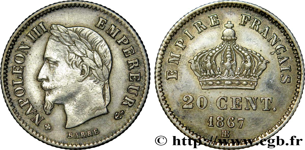 20 centimes Napoléon III, tête laurée, grand module 1867 Strasbourg F.150/2 XF45 
