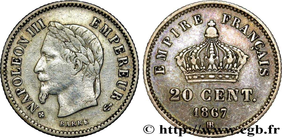 20 centimes Napoléon III, tête laurée, grand module 1867 Strasbourg F.150/2 MBC45 