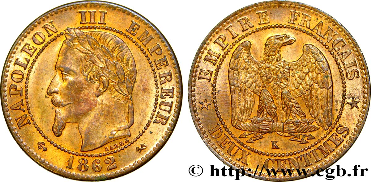 Deux centimes Napoléon III, tête laurée 1862 Bordeaux F.108A/7 SC63 