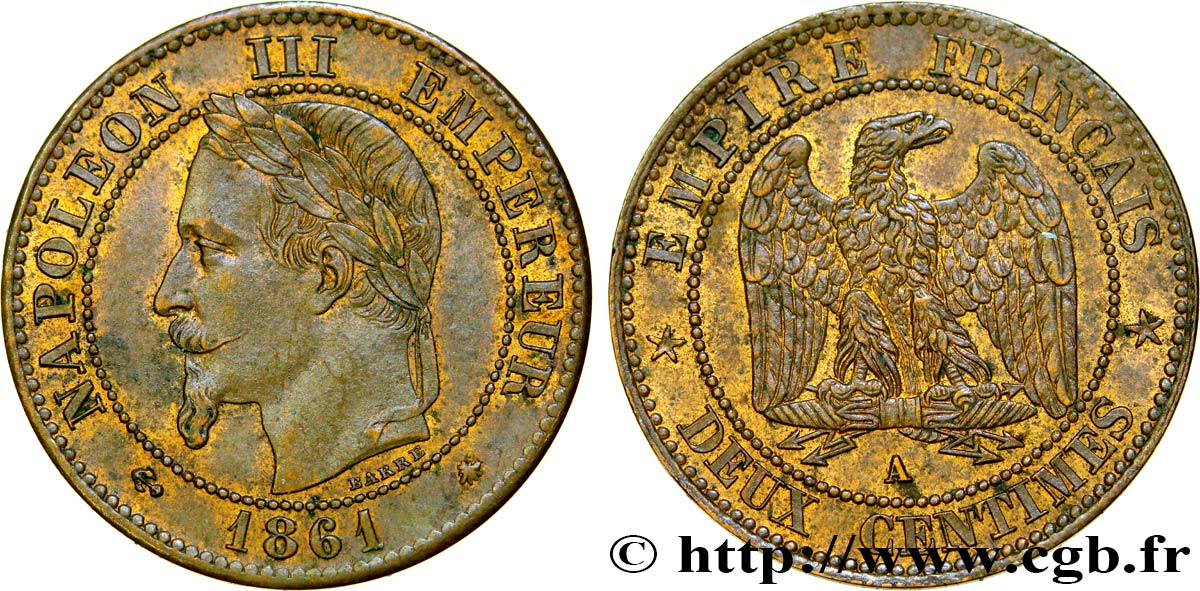 Deux centimes Napoléon III, tête laurée 1861 Paris F.108A/1 AU55 