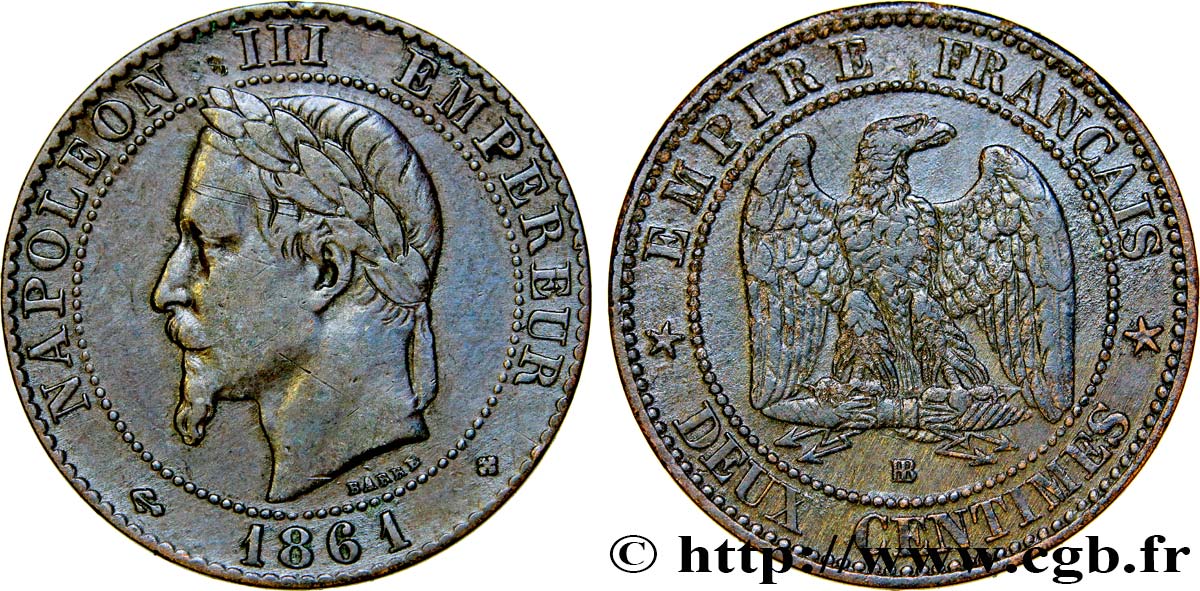 Deux centimes Napoléon III, tête laurée 1861 Strasbourg F.108/2 BB45 