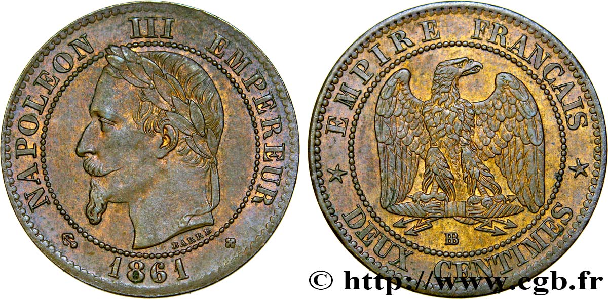 Deux centimes Napoléon III, tête laurée 1861 Strasbourg F.108A/2 SUP55