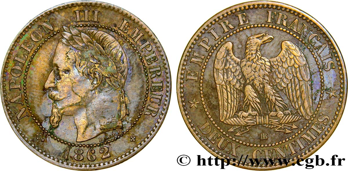 Deux centimes Napoléon III, tête laurée 1862 Strasbourg F.108A/5 VF35 