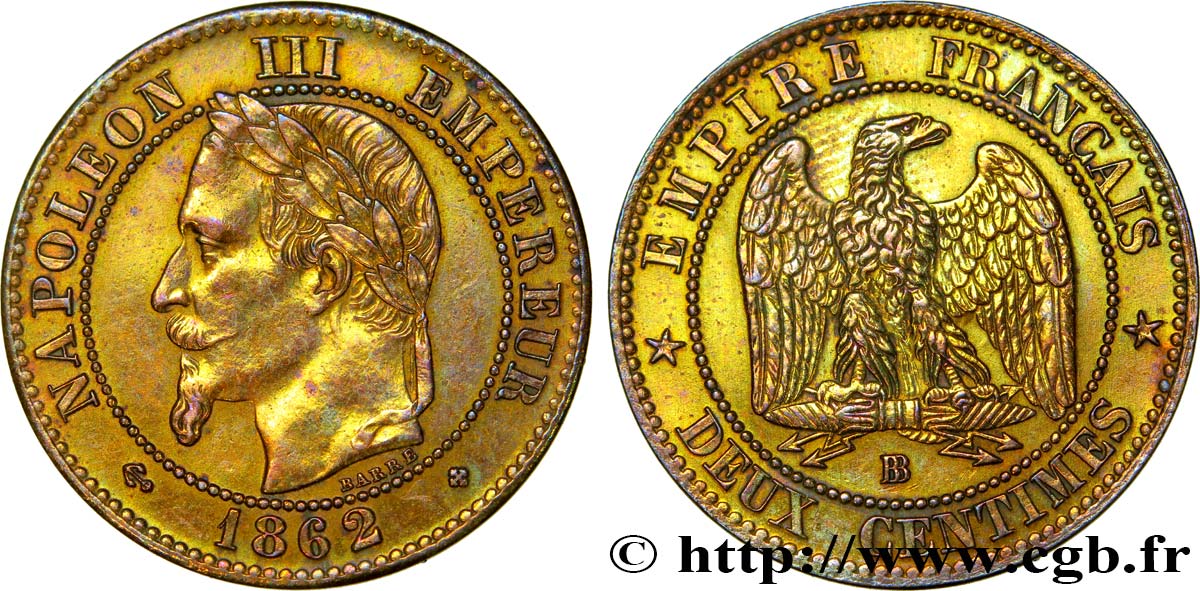 Deux centimes Napoléon III, tête laurée 1862 Strasbourg F.108A/6 TTB40 