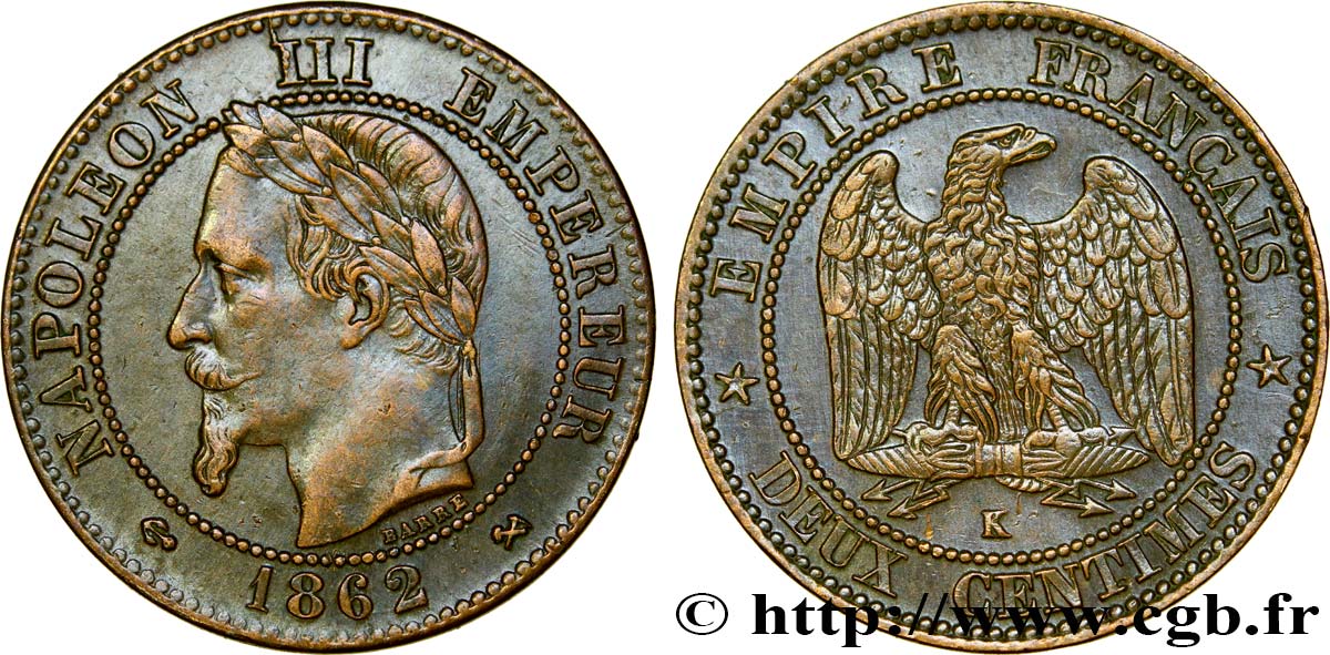 Deux centimes Napoléon III, tête laurée 1862 Bordeaux F.108A/7 SS45 