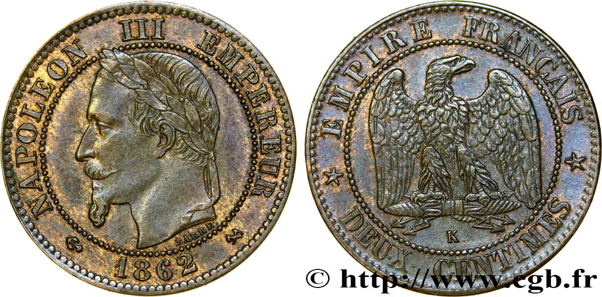 Deux centimes Napoléon III, tête laurée, buste définitif 1862 Bordeaux F.108A/7 AU52 