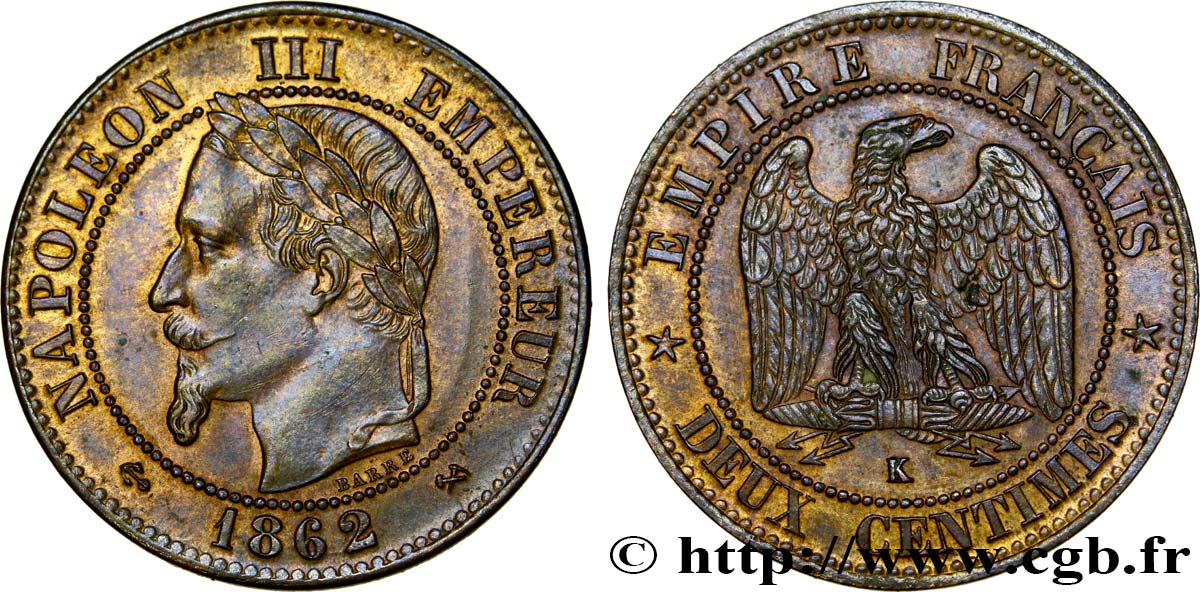 Deux centimes Napoléon III, tête laurée, buste définitif 1862 Bordeaux F.108A/7 AU58 