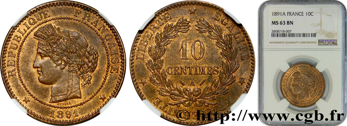 10 centimes Cérès 1891 Paris F.135/36 SC63 NGC
