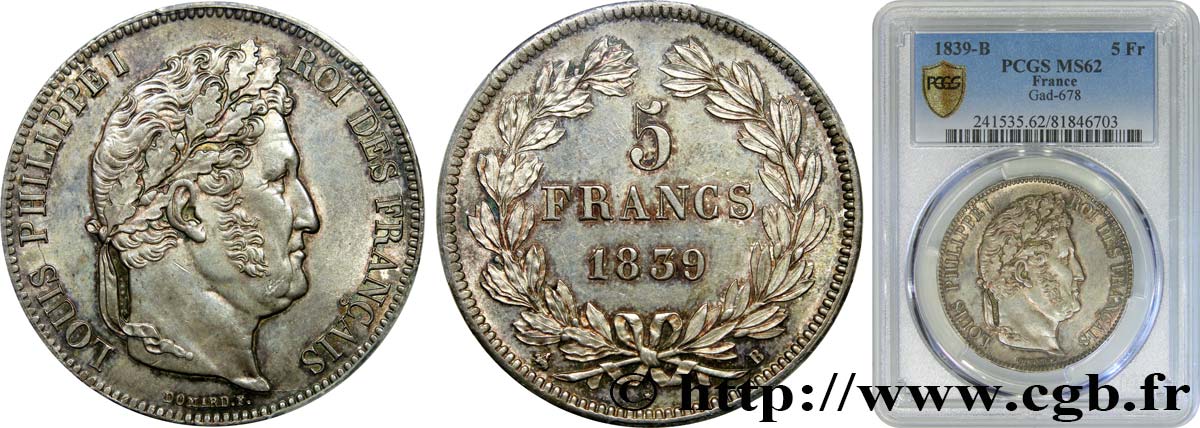 5 francs IIe type Domard 1839 Rouen F.324/76 VZ62 PCGS