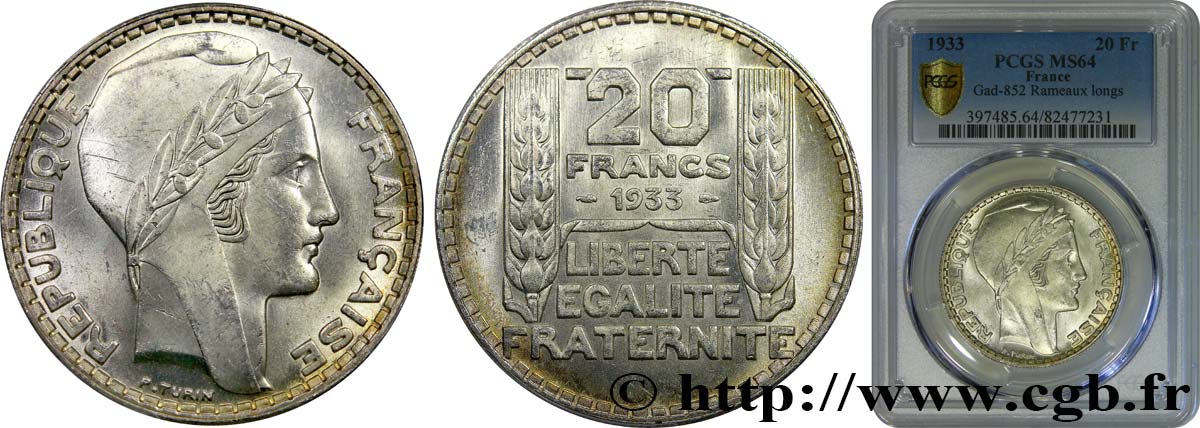 20 francs Turin, rameaux courts 1933  F.400/4 fST64 PCGS