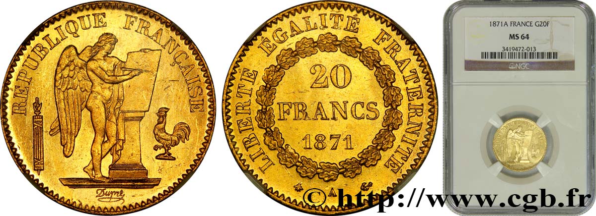 20 francs or Génie, Troisième République 1871 Paris F.533/1 MS64 NGC