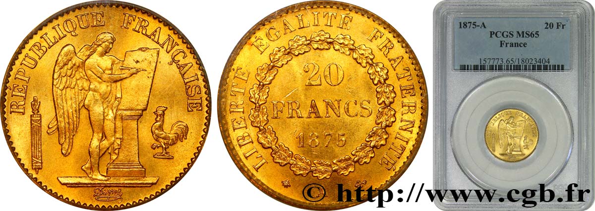 20 francs or Génie, Troisième République 1875 Paris F.533/3 FDC65 PCGS