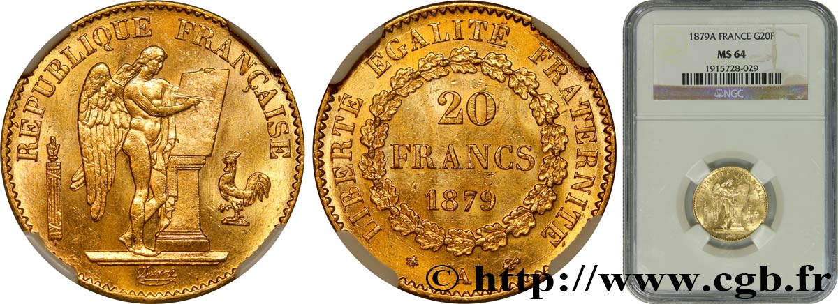 20 francs or Génie, Troisième République 1879 Paris F.533/7 MS64 NGC