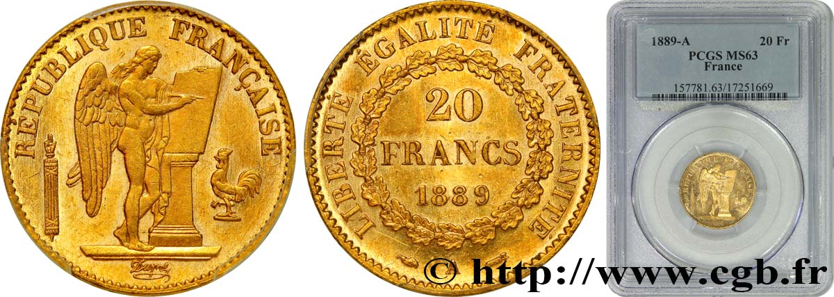 20 francs or Génie, Troisième République 1889 Paris F.533/12 MS63 PCGS
