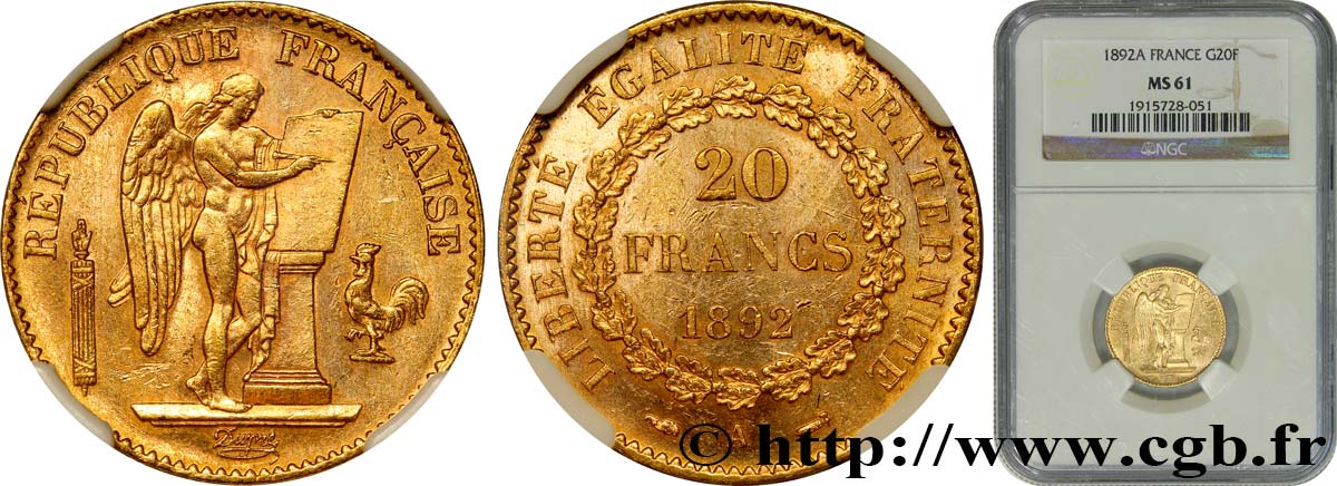 20 francs or Génie, Troisième République 1892 Paris F.533/16 VZ61 NGC