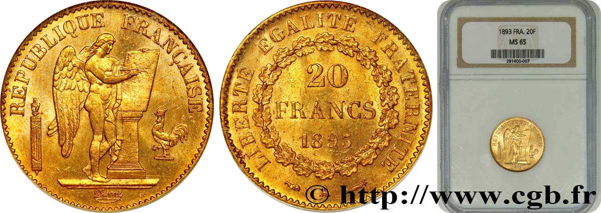 20 francs or Génie, Troisième République 1893 Paris F.533/17 ST65 NGC