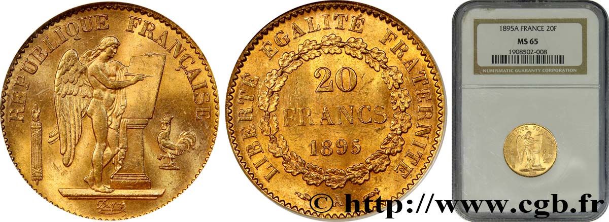 20 francs or Génie, Troisième République 1895 Paris F.533/19 MS65 NGC