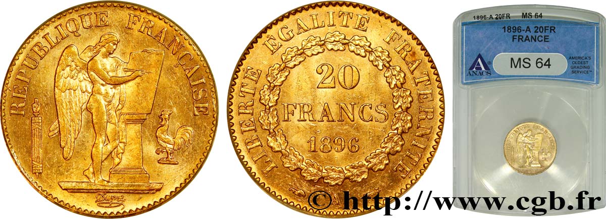 20 francs or Génie, Troisième République 1896 Paris F.533/20 SC64 ANACS