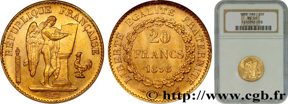 20 francs or Génie, Troisième République 1898 Paris F.533/23 ST65 NGC