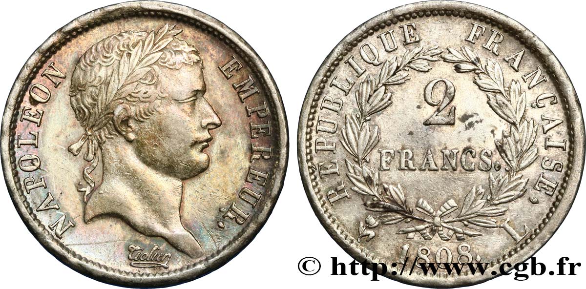 2 francs Napoléon Ier tête laurée, République française 1808 Bayonne F.254/8 AU54 