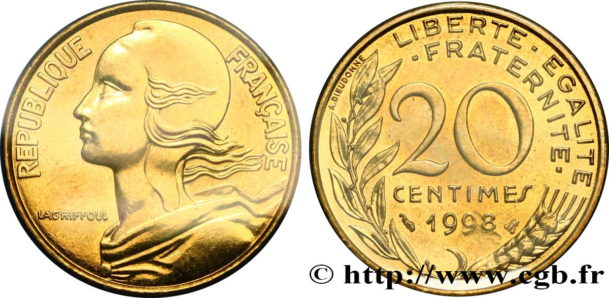20 centimes Marianne, BU (Brillant Universel), frappe fautée 1998 Pessac F.156/42 FDC 