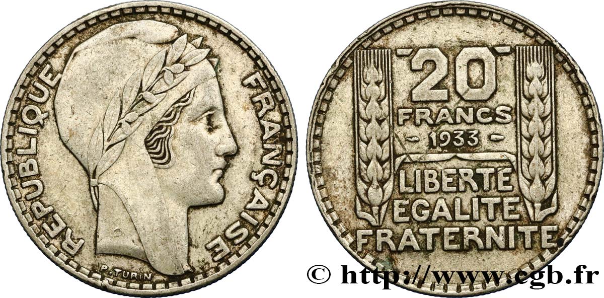 20 francs Turin, rameaux courts 1933  F.400/4 TB+ 