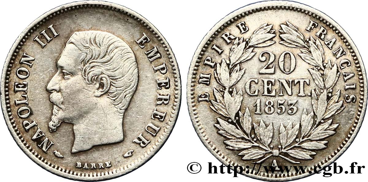 20 centimes Napoléon III, tête nue 1853 Paris F.148/1 XF45 