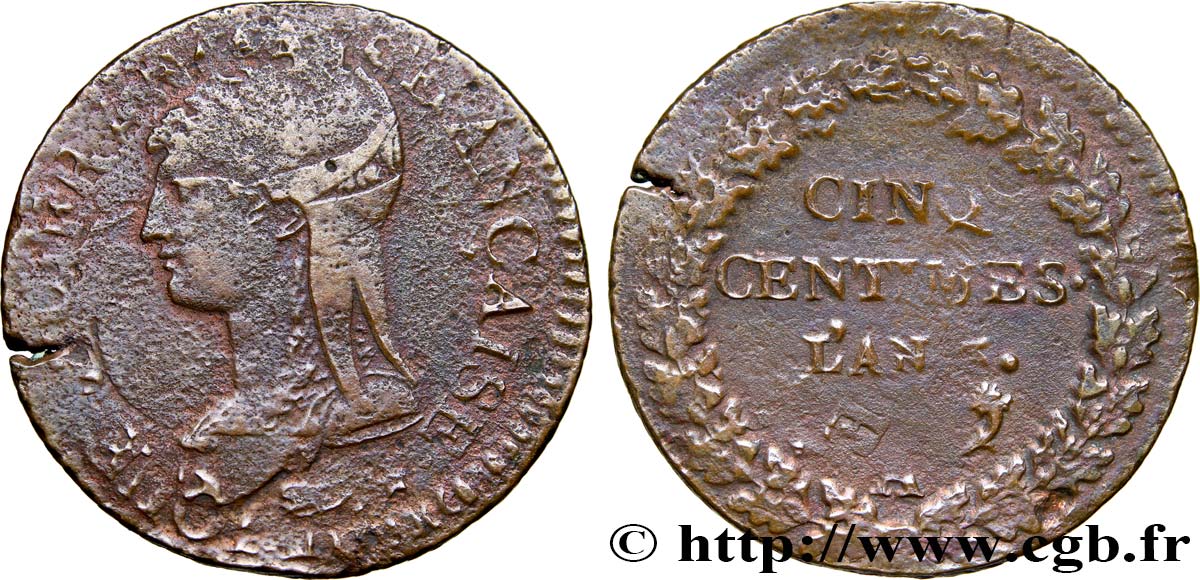Cinq centimes Dupré, grand module,  refrappage  du décime 1797 Paris F.114/1 S25 