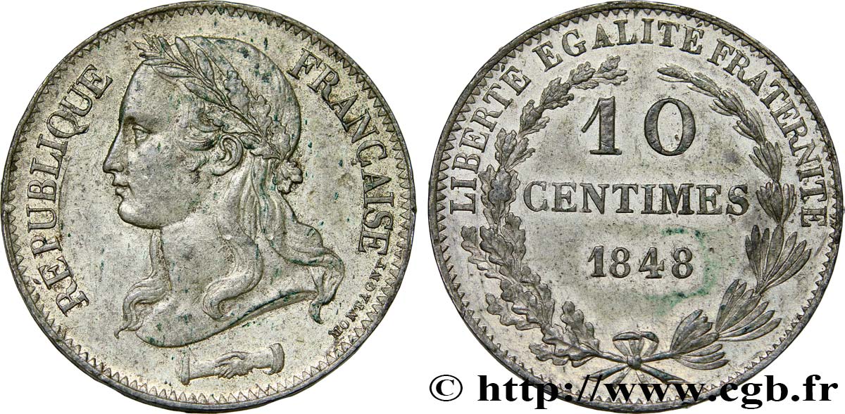 Concours de 10 centimes, essai en étain par Montagny, deuxième revers, effigie au col nu 1848 Paris VG.3147 var. SUP55 