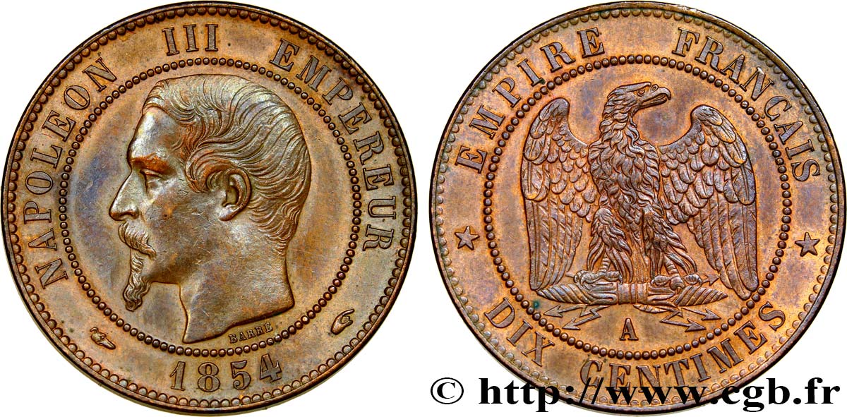 Dix centimes Napoléon III, tête nue 1854 Paris F.133/11 AU58 