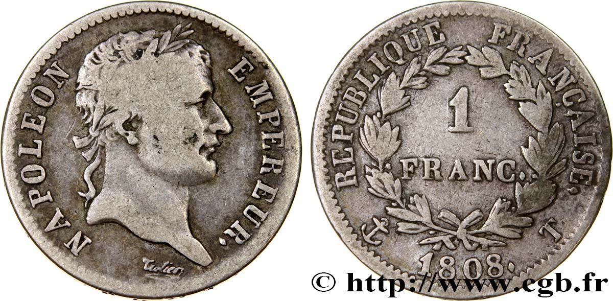 1 franc Napoléon Ier tête laurée, République française 1808 Nantes F.204/13 TB25 