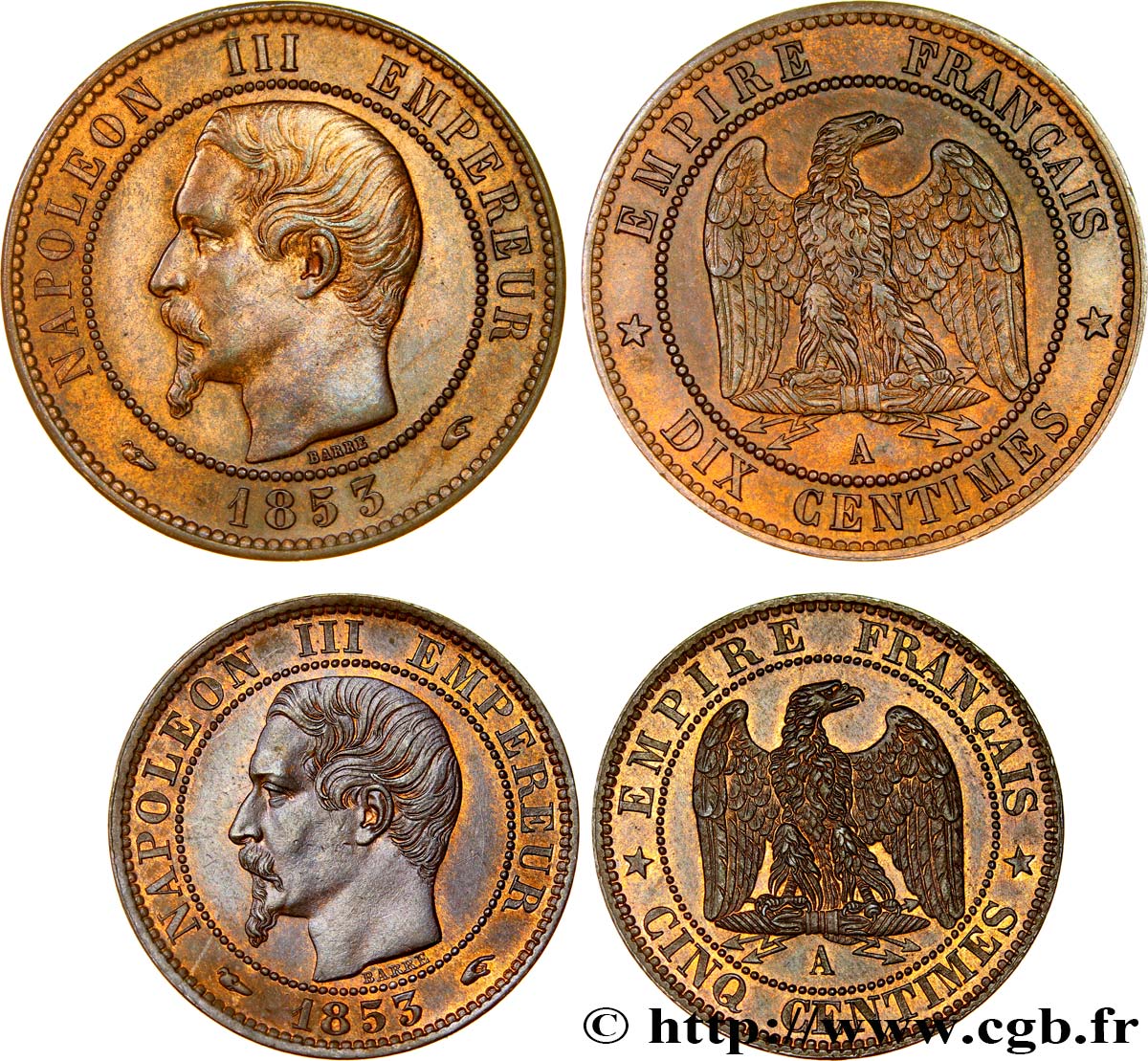 Lot de deux monnaies : Cinq et Dix centimes Napoléon III, tête nue 1853 Paris F.133/2 VZ60 
