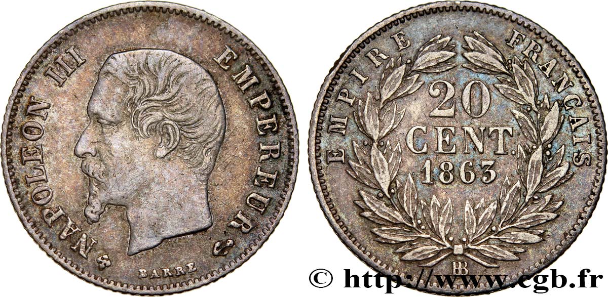 20 centimes Napoléon III, tête nue 1863 Strasbourg F.148/18 MB35 