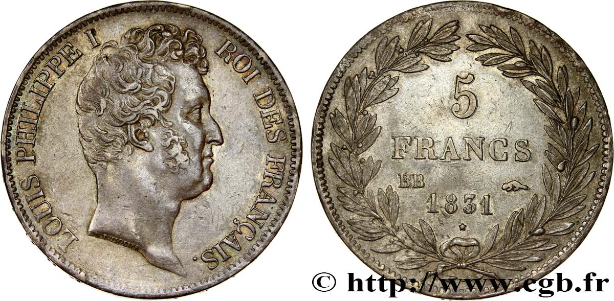 5 francs type Tiolier avec le I, tranche en creux 1831 Strasbourg F.315/16 BB50 